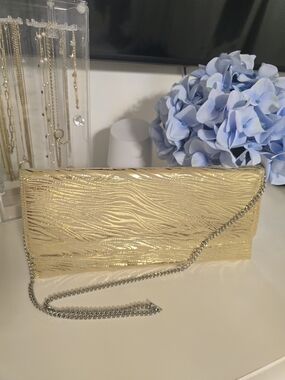 Carlos Falchi Gold Metallic Wave-Textured Clutch with Chain